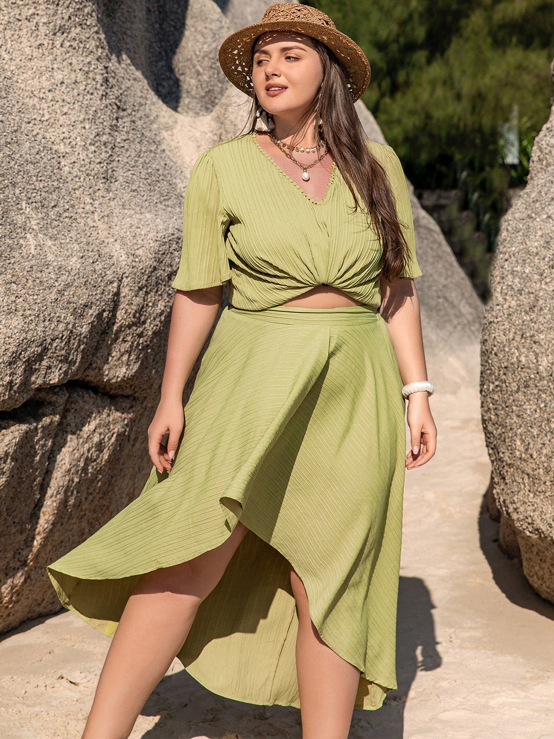 Plus Size V - Neck Half Sleeve Top and High - Low Skirt Set - Flip Flop Dynasty