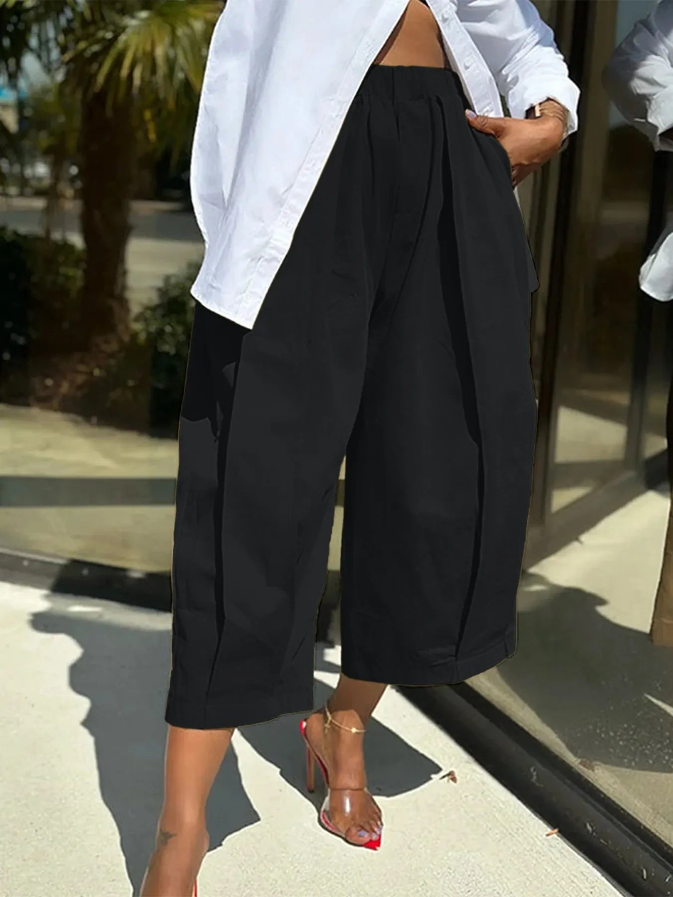 Plus Size Wide Leg Pleated Detail Cropped Pants - Flip Flop Dynasty