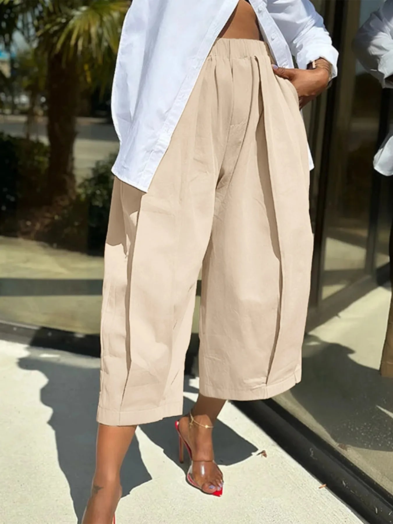 Plus Size Wide Leg Pleated Detail Cropped Pants - Flip Flop Dynasty