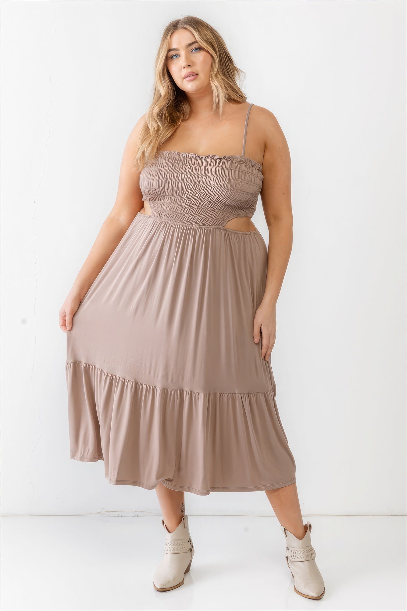 Plus Smocked Cut - out Strappy Flare Hem Midi Dress - Flip Flop Dynasty