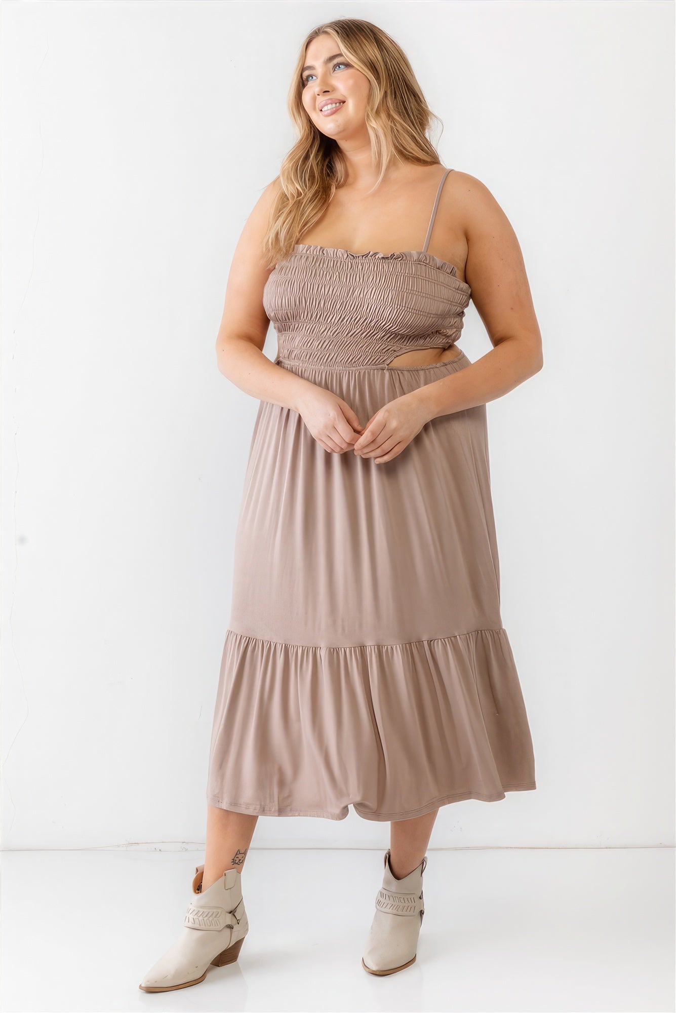 Plus Smocked Cut - out Strappy Flare Hem Midi Dress - Flip Flop Dynasty