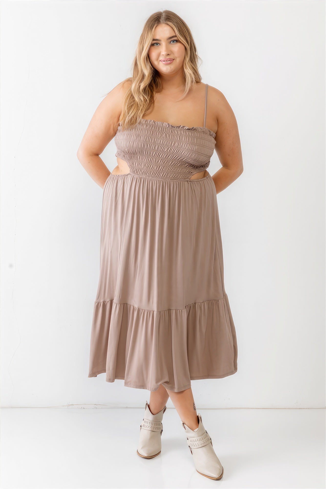 Plus Smocked Cut - out Strappy Flare Hem Midi Dress - Flip Flop Dynasty