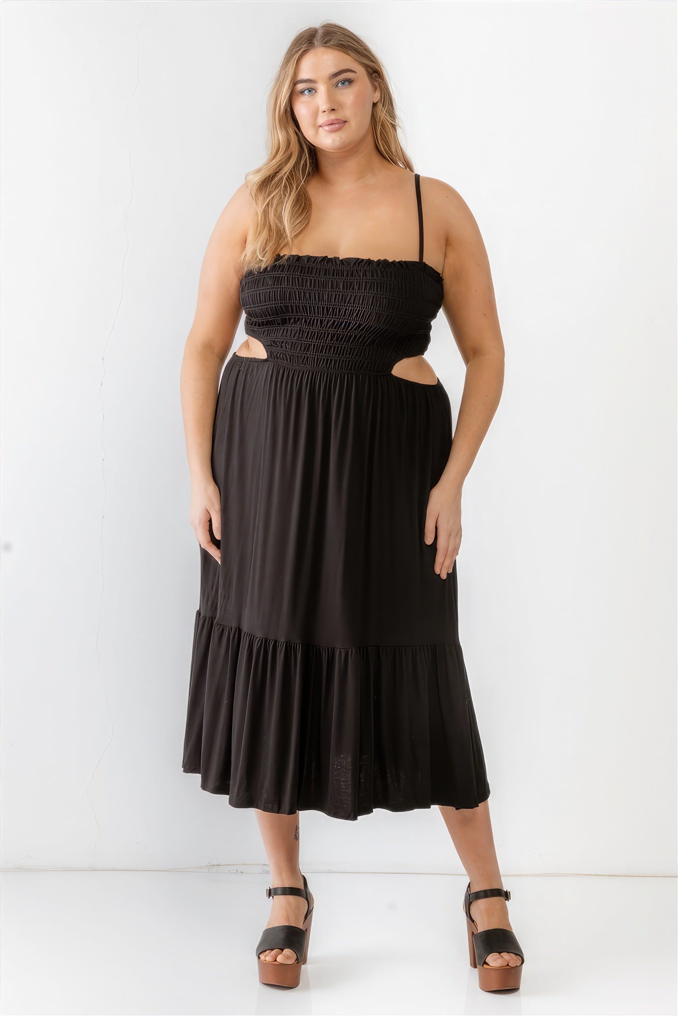 Plus Smocked Cut - out Strappy Flare Hem Midi Dress - Flip Flop Dynasty