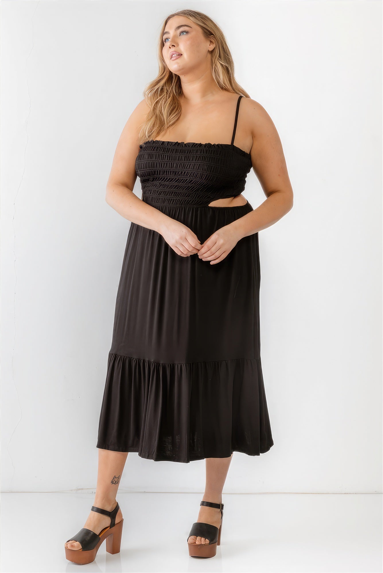 Plus Smocked Cut - out Strappy Flare Hem Midi Dress - Flip Flop Dynasty