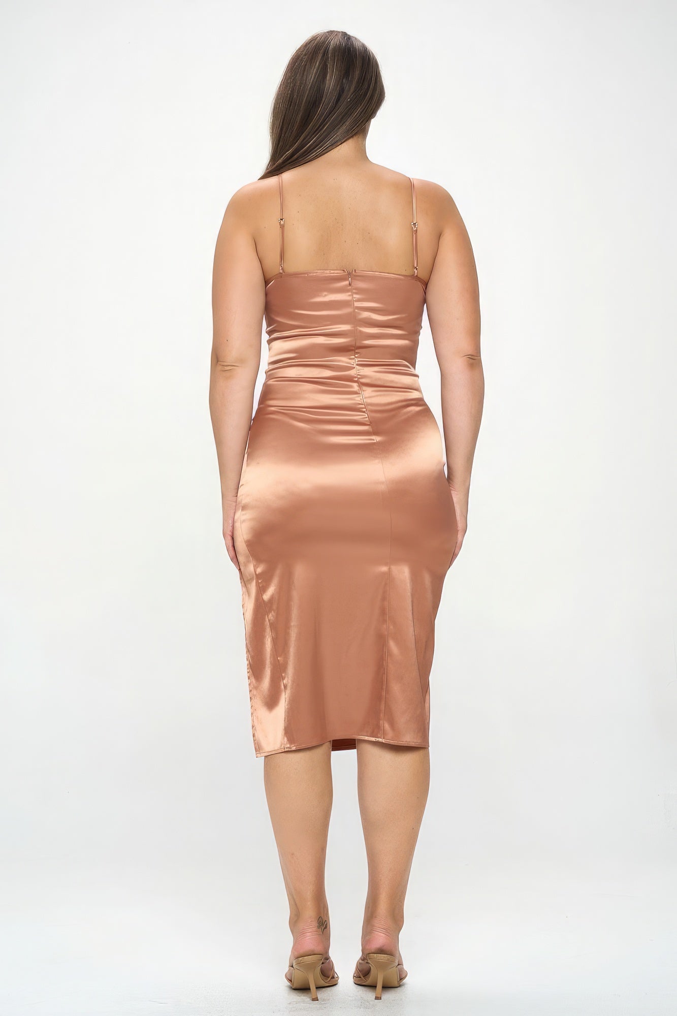 Plus Solid Satin Front Knot Bodycon Midi Dress - Flip Flop Dynasty