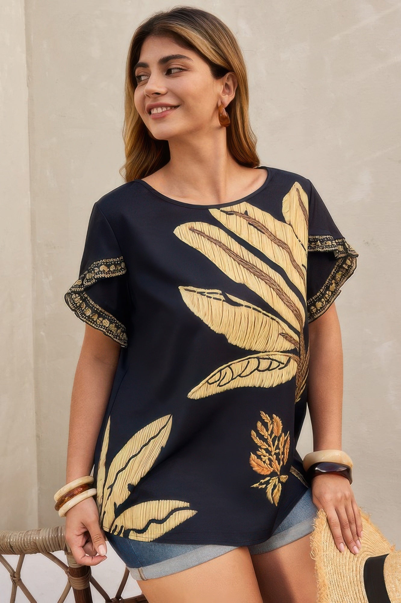 Plus Tropical Print Ruffle Hem Sleeve Blouse - Flip Flop Dynasty