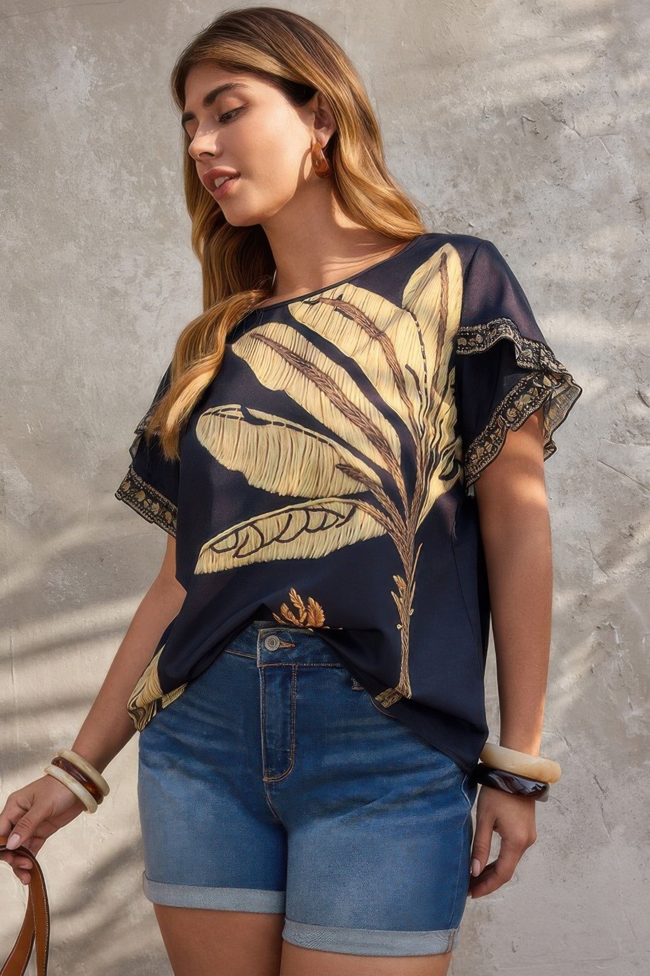 Plus Tropical Print Ruffle Hem Sleeve Blouse - Flip Flop Dynasty