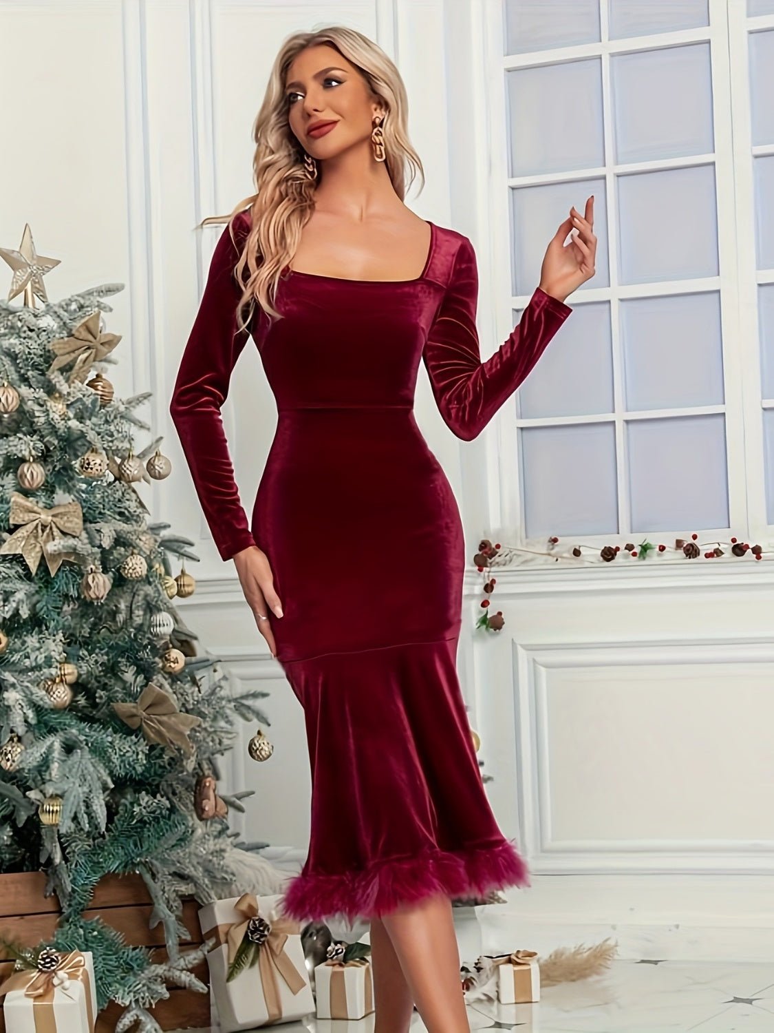 Plush Hem Square Neck Long Sleeve Dress - Flip Flop Dynasty