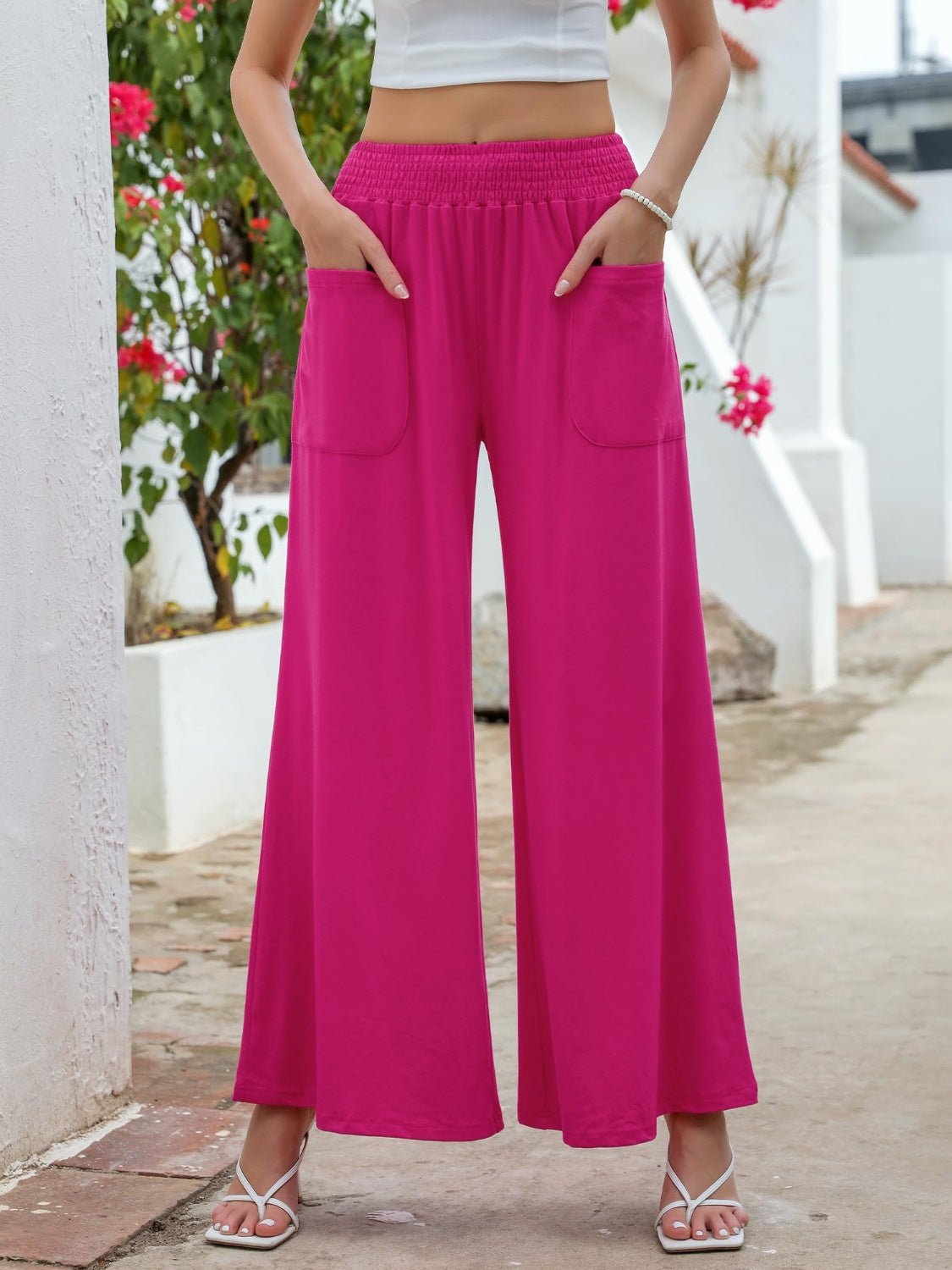 Pocketed Elastic Waist Wide Leg Pants - Flip Flop Dynasty