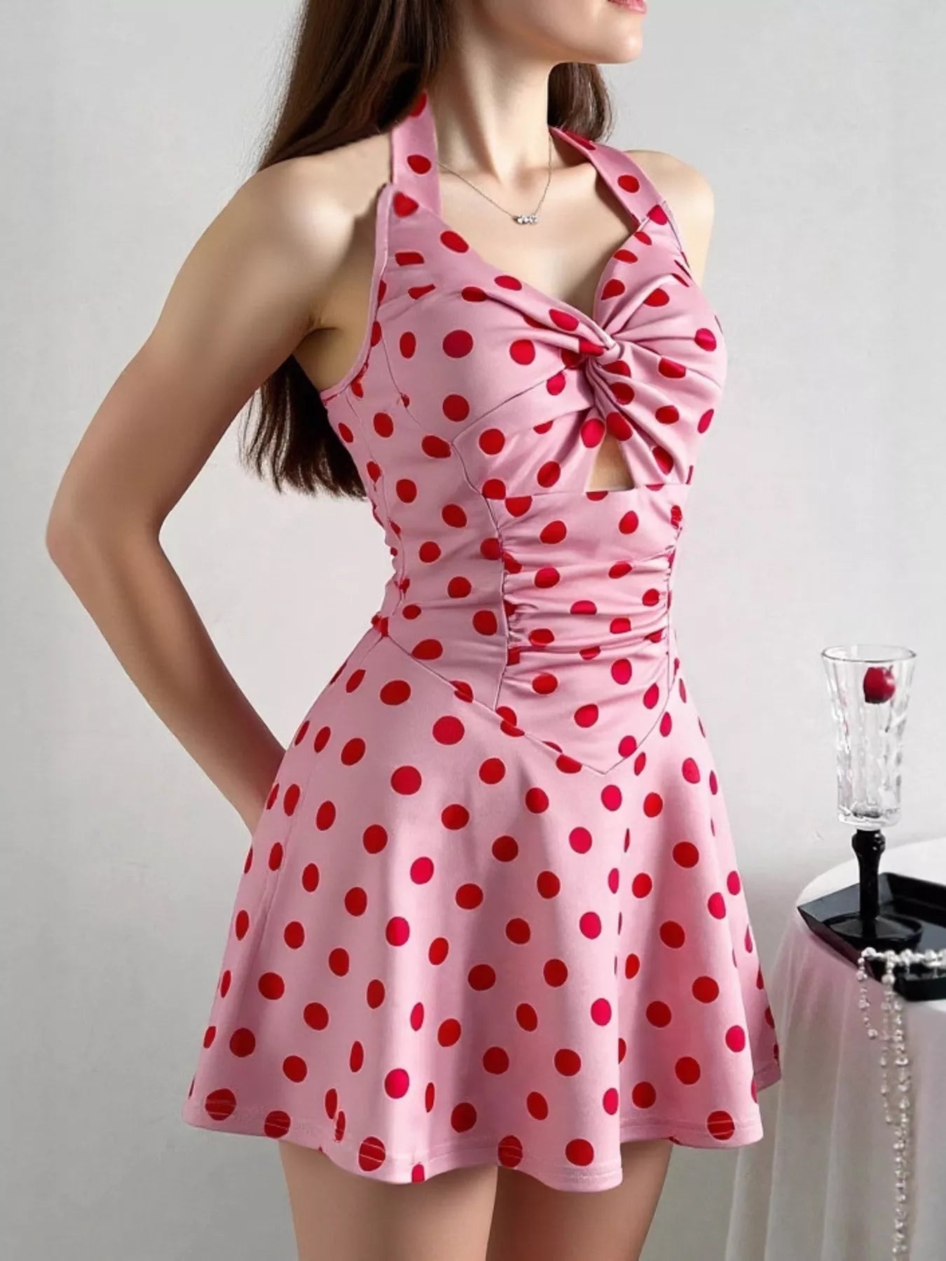 Polka Dot Halter Neck Twisted Front Mini Dress - Flip Flop Dynasty