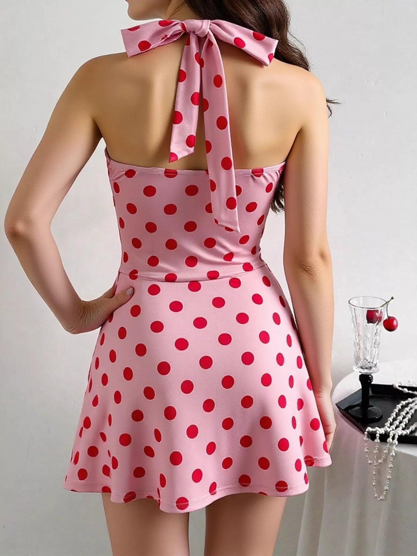 Polka Dot Halter Neck Twisted Front Mini Dress - Flip Flop Dynasty
