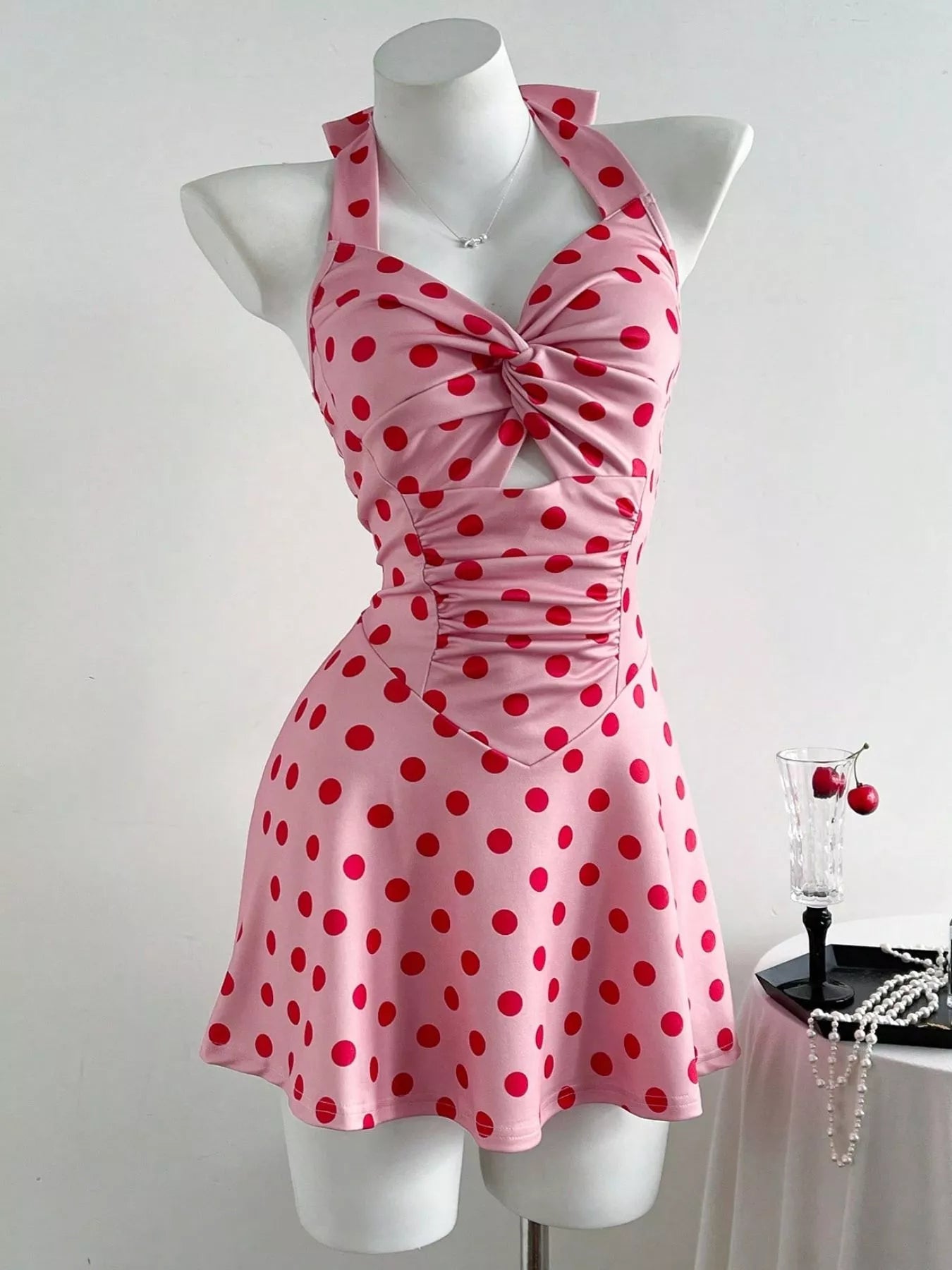 Polka Dot Halter Neck Twisted Front Mini Dress - Flip Flop Dynasty