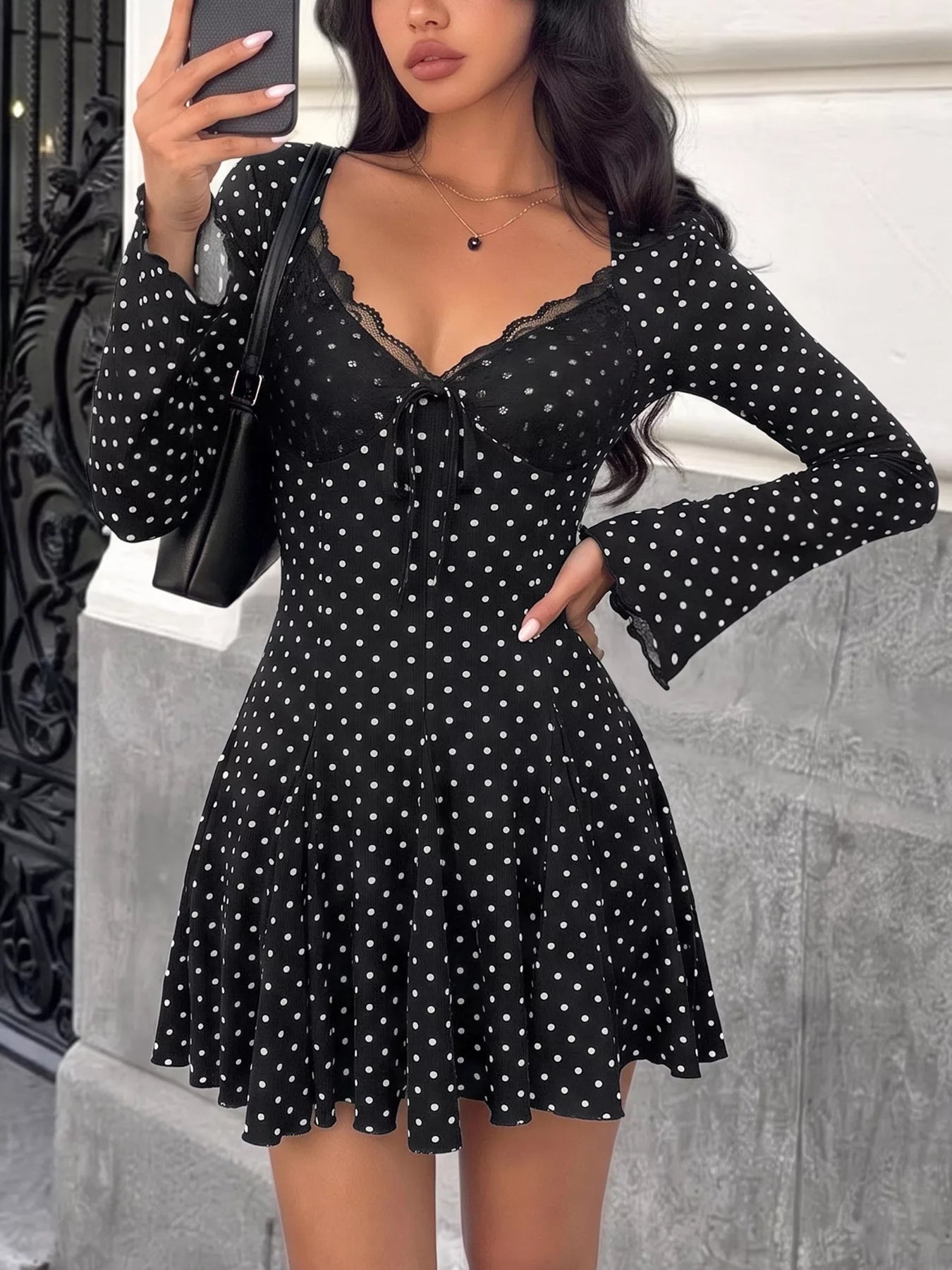 Polka Dot Lace Trimmed V-Neck Mini Dress - Flip Flop Dynasty