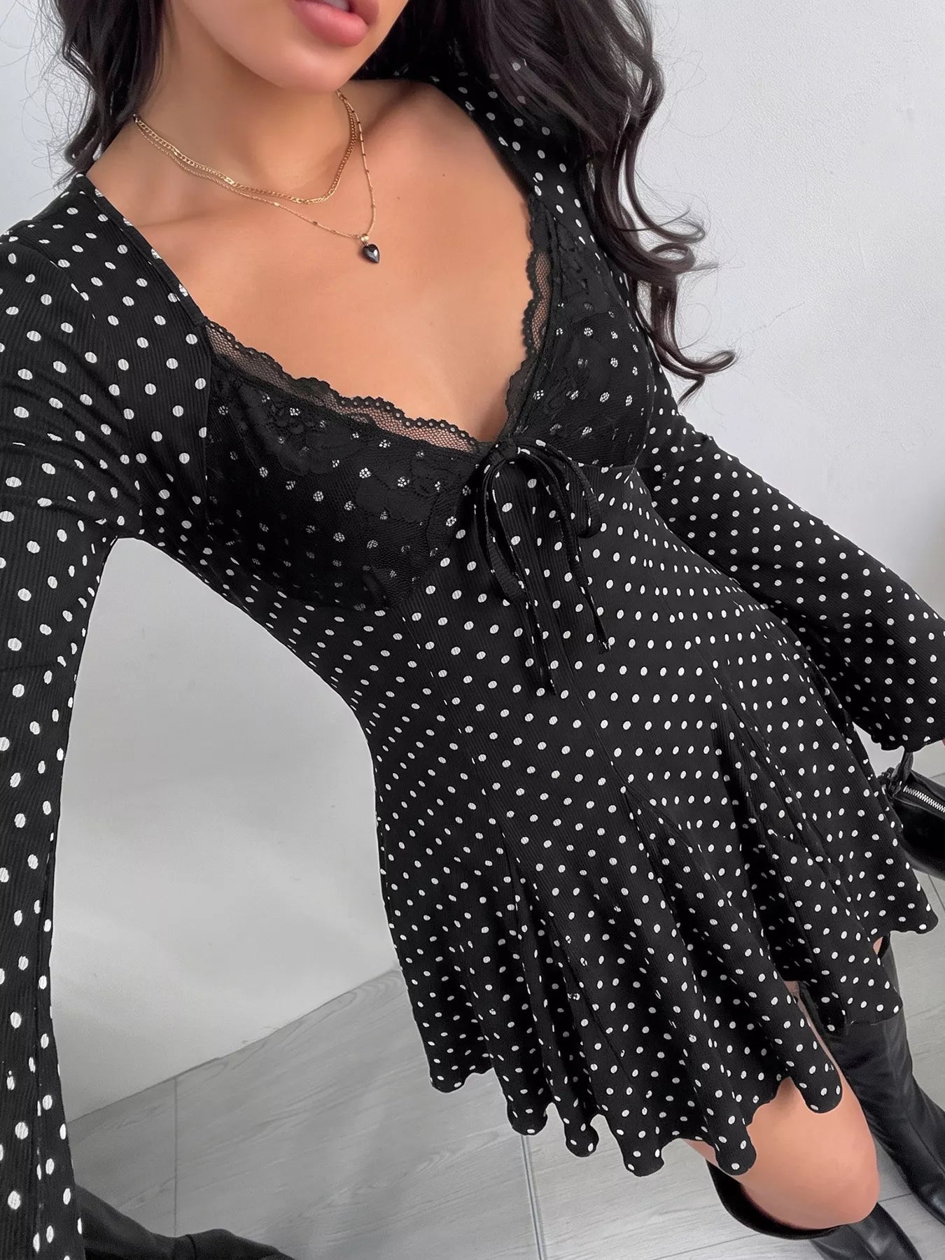 Polka Dot Lace Trimmed V-Neck Mini Dress - Flip Flop Dynasty