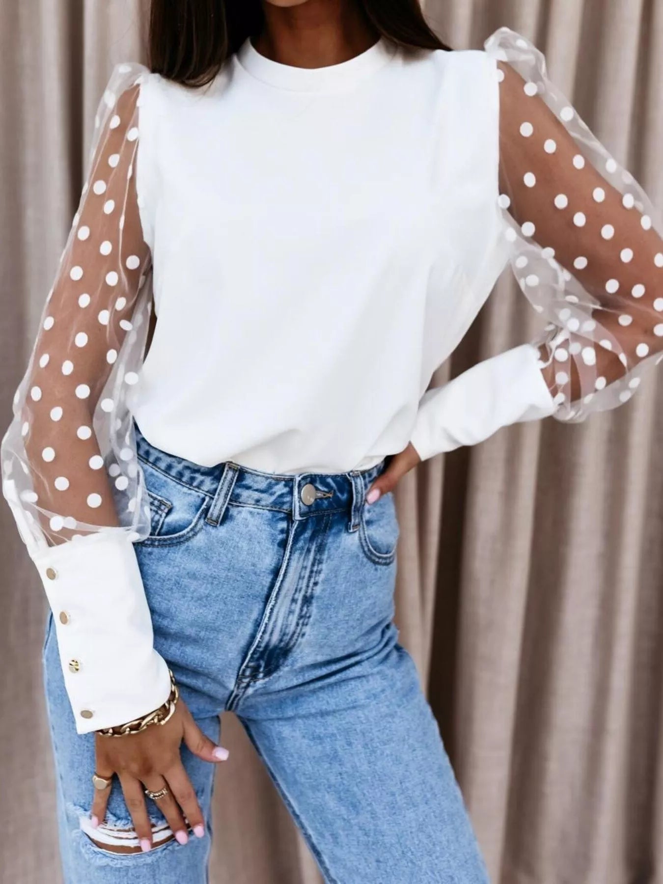 Polka Dot Mesh Sleeve Blouse - Flip Flop Dynasty