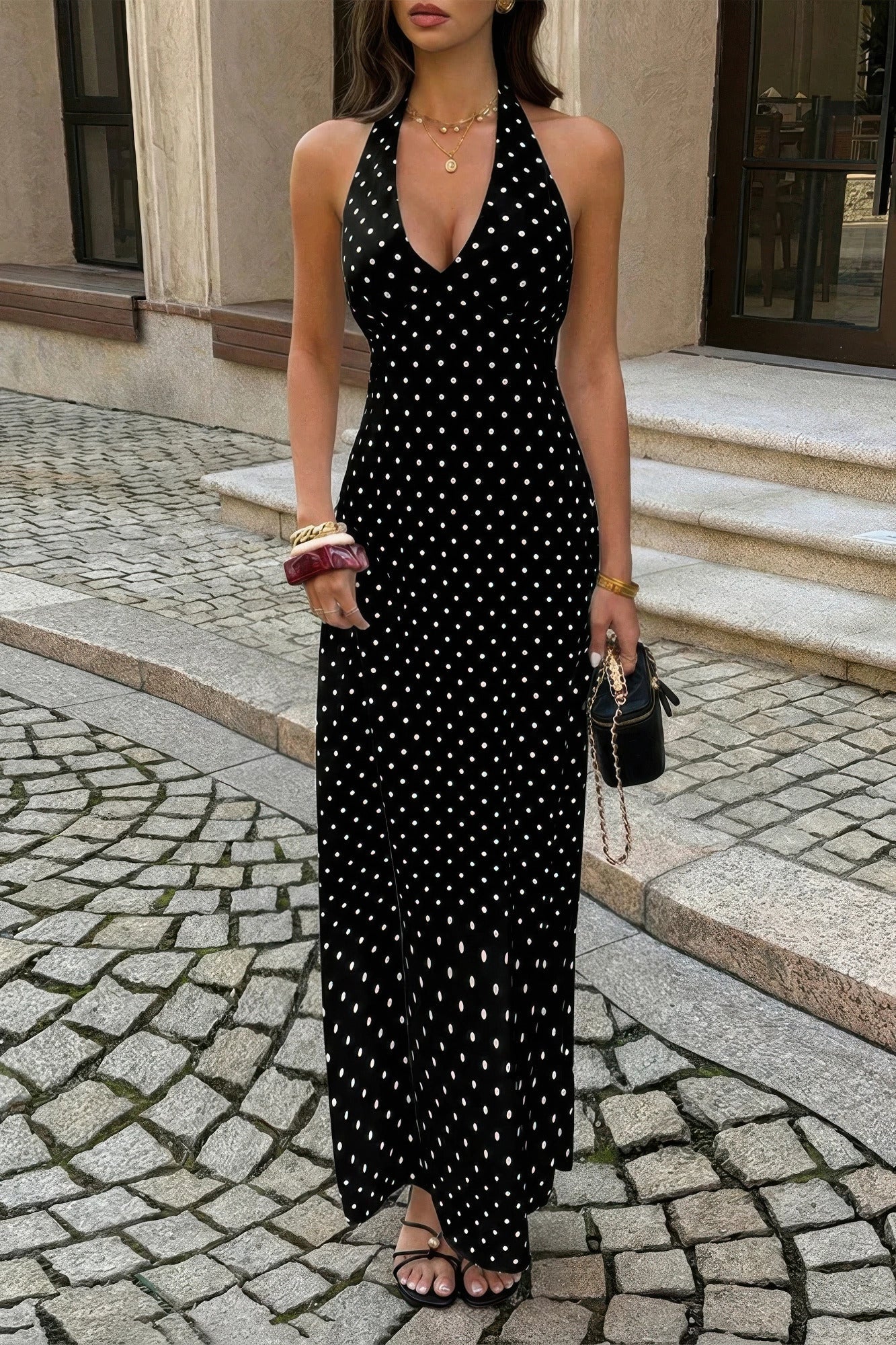 Polkadot Halter Bodycon Sleeveless Long Dress - Flip Flop Dynasty