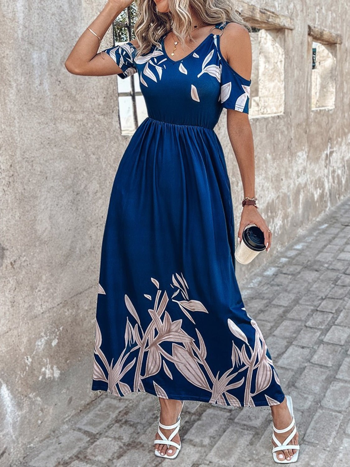 Printed Cold Shoulder Short Sleeve Maxi Dress - Flip Flop Dynasty
