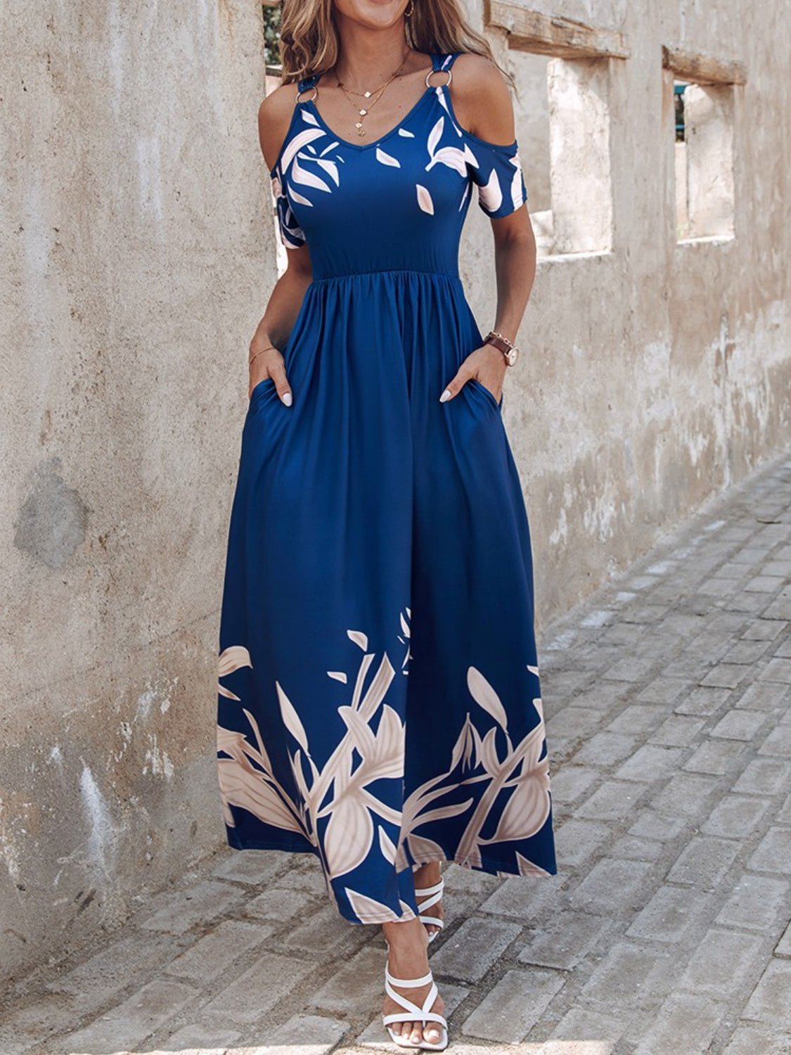 Printed Cold Shoulder Short Sleeve Maxi Dress - Flip Flop Dynasty