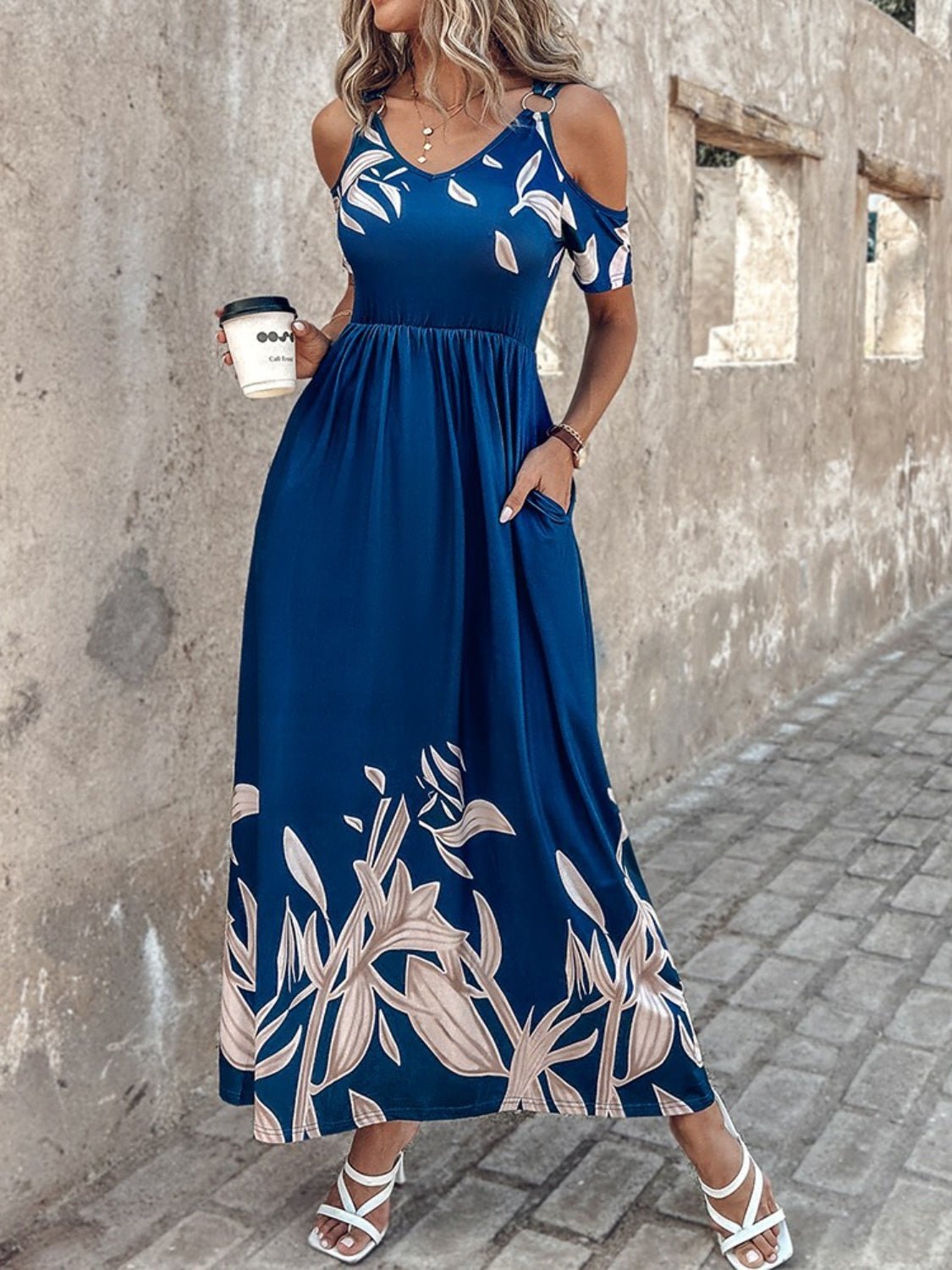 Printed Cold Shoulder Short Sleeve Maxi Dress - Flip Flop Dynasty