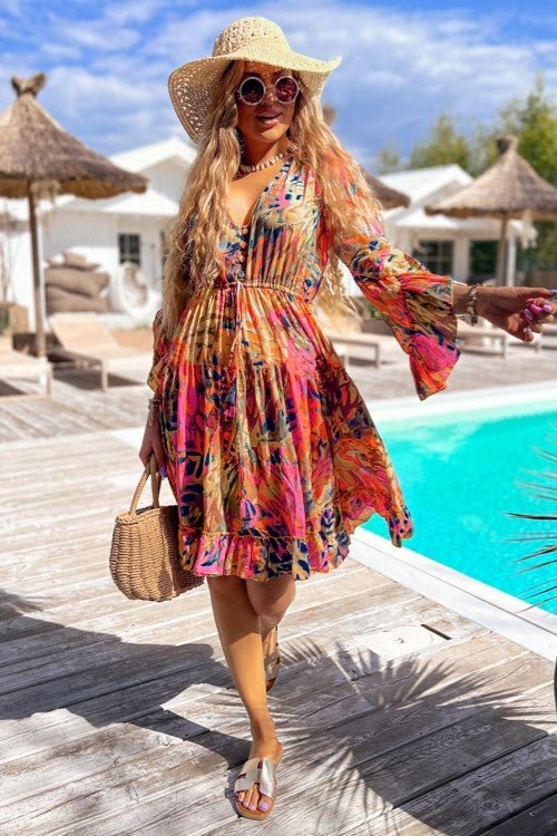Printed Flare Sleeve Ruffled Hem Dress - Flip Flop Dynasty