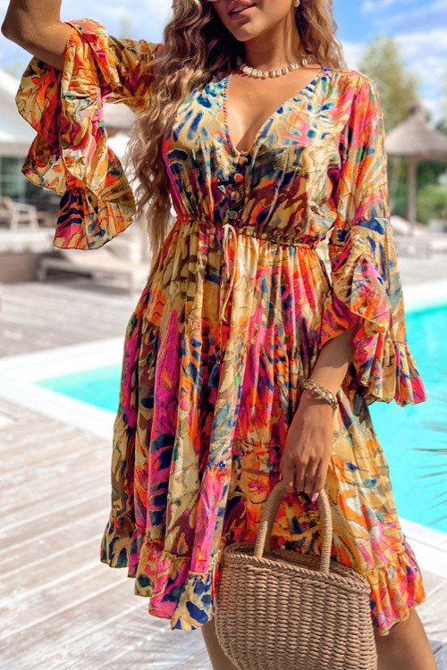 Printed Flare Sleeve Ruffled Hem Dress - Flip Flop Dynasty