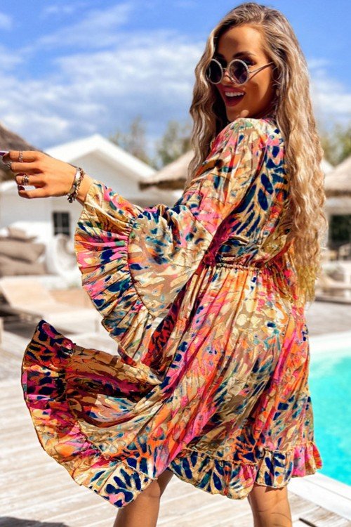 Printed Flare Sleeve Ruffled Hem Dress - Flip Flop Dynasty