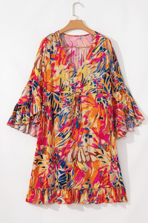 Printed Flare Sleeve Ruffled Hem Dress - Flip Flop Dynasty