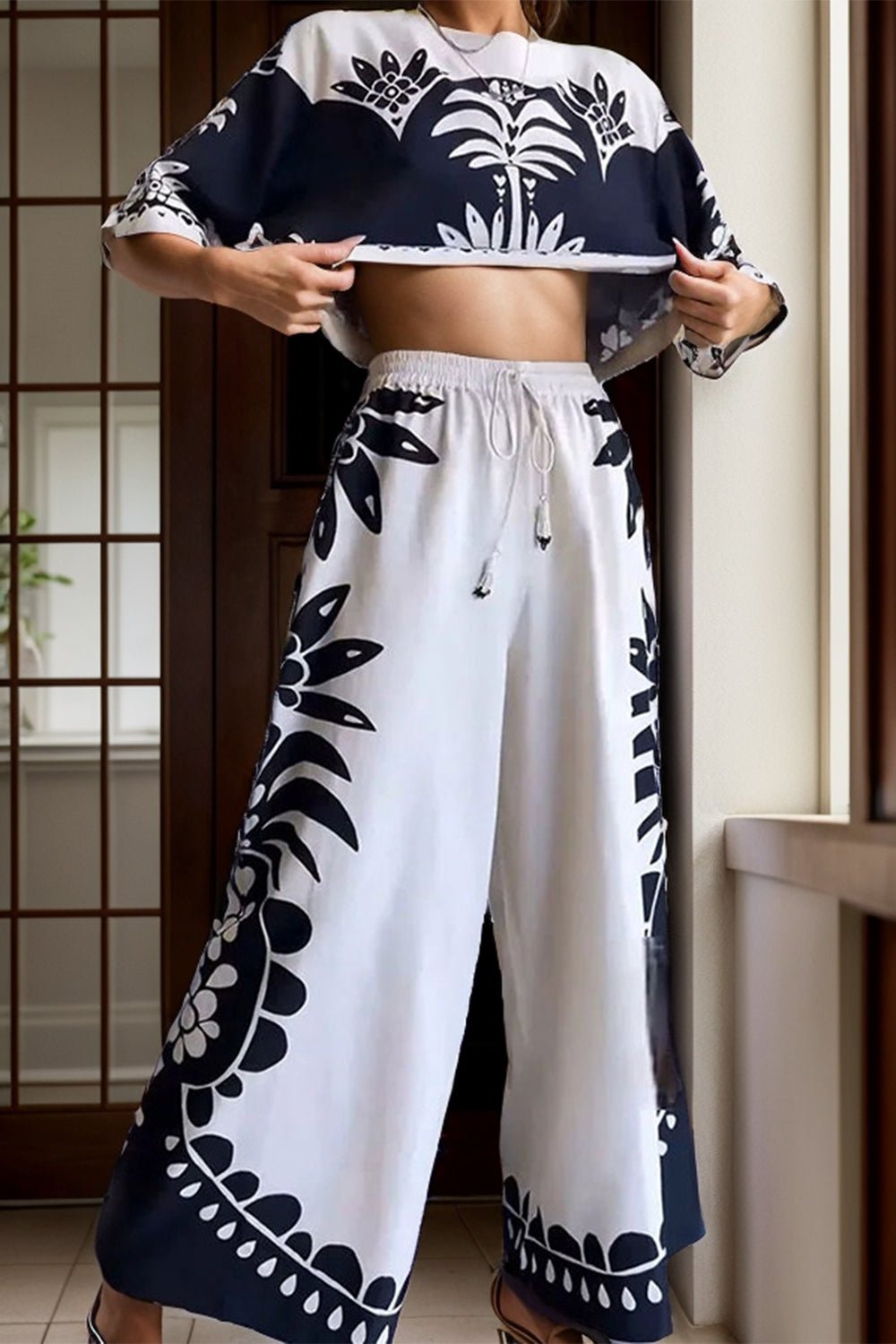 Printed Half Sleeve Top and Wide Leg Pants Set - Flip Flop Dynasty