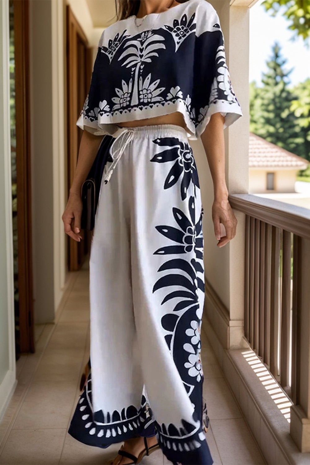Printed Half Sleeve Top and Wide Leg Pants Set - Flip Flop Dynasty