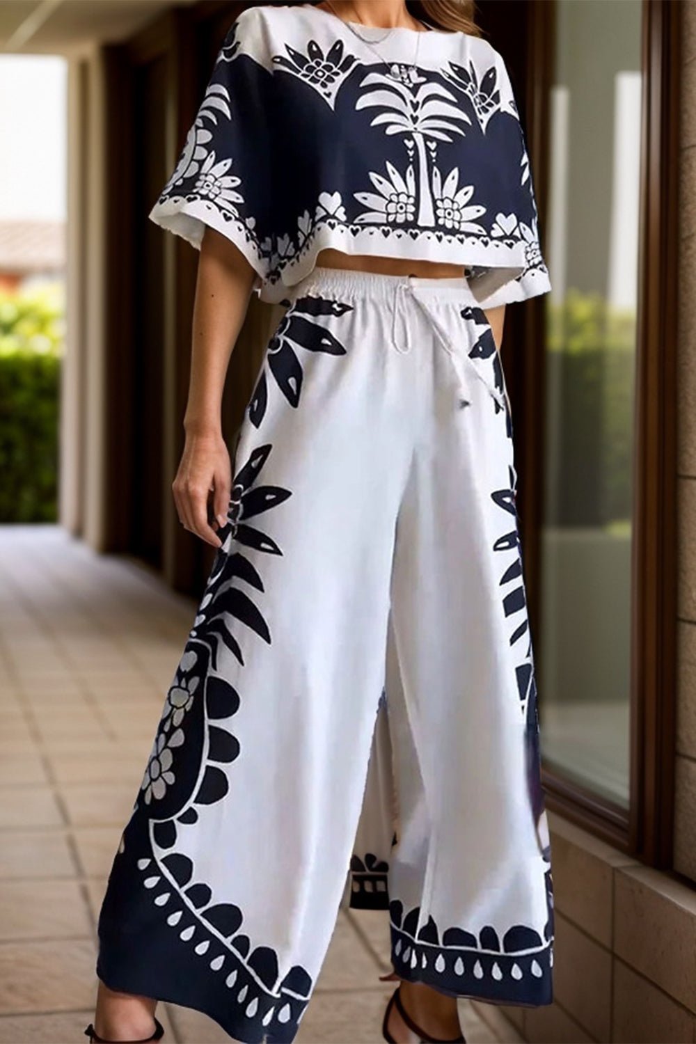 Printed Half Sleeve Top and Wide Leg Pants Set - Flip Flop Dynasty