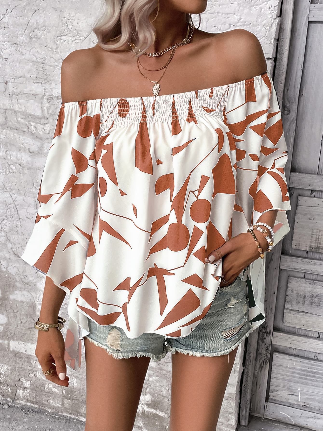 Printed Off - Shoulder Bell Sleeve Blouse - Flip Flop Dynasty
