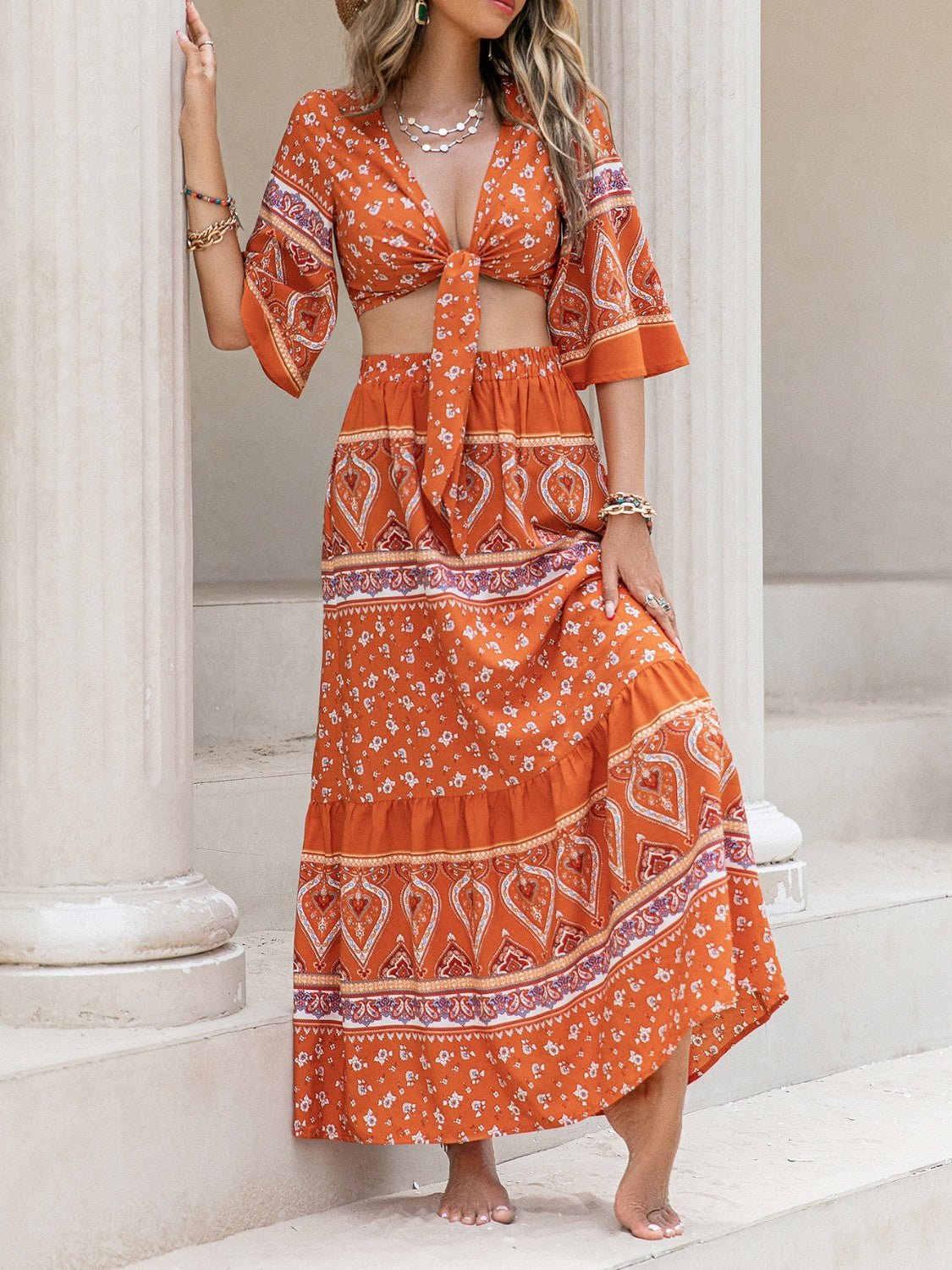 Printed Plunge Half Sleeve Top and Skirt Set - Flip Flop Dynasty