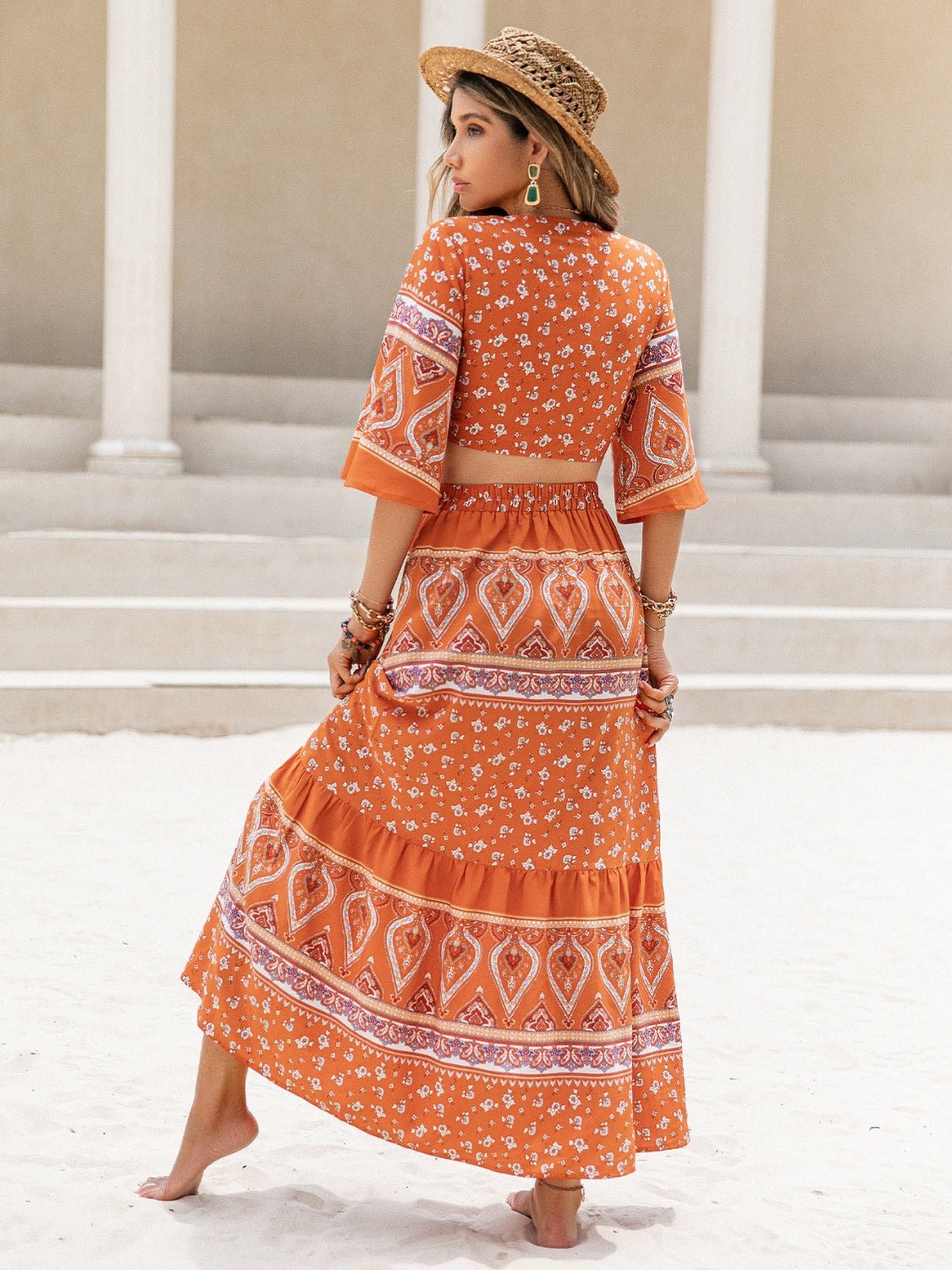 Printed Plunge Half Sleeve Top and Skirt Set - Flip Flop Dynasty