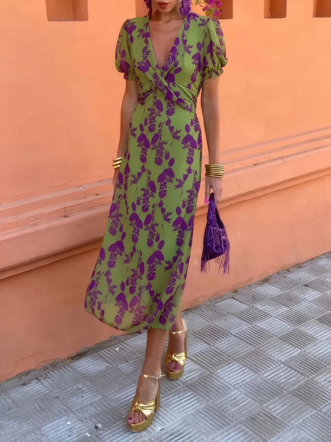 Printed Plunge Short Sleeve Midi Dress - Flip Flop Dynasty