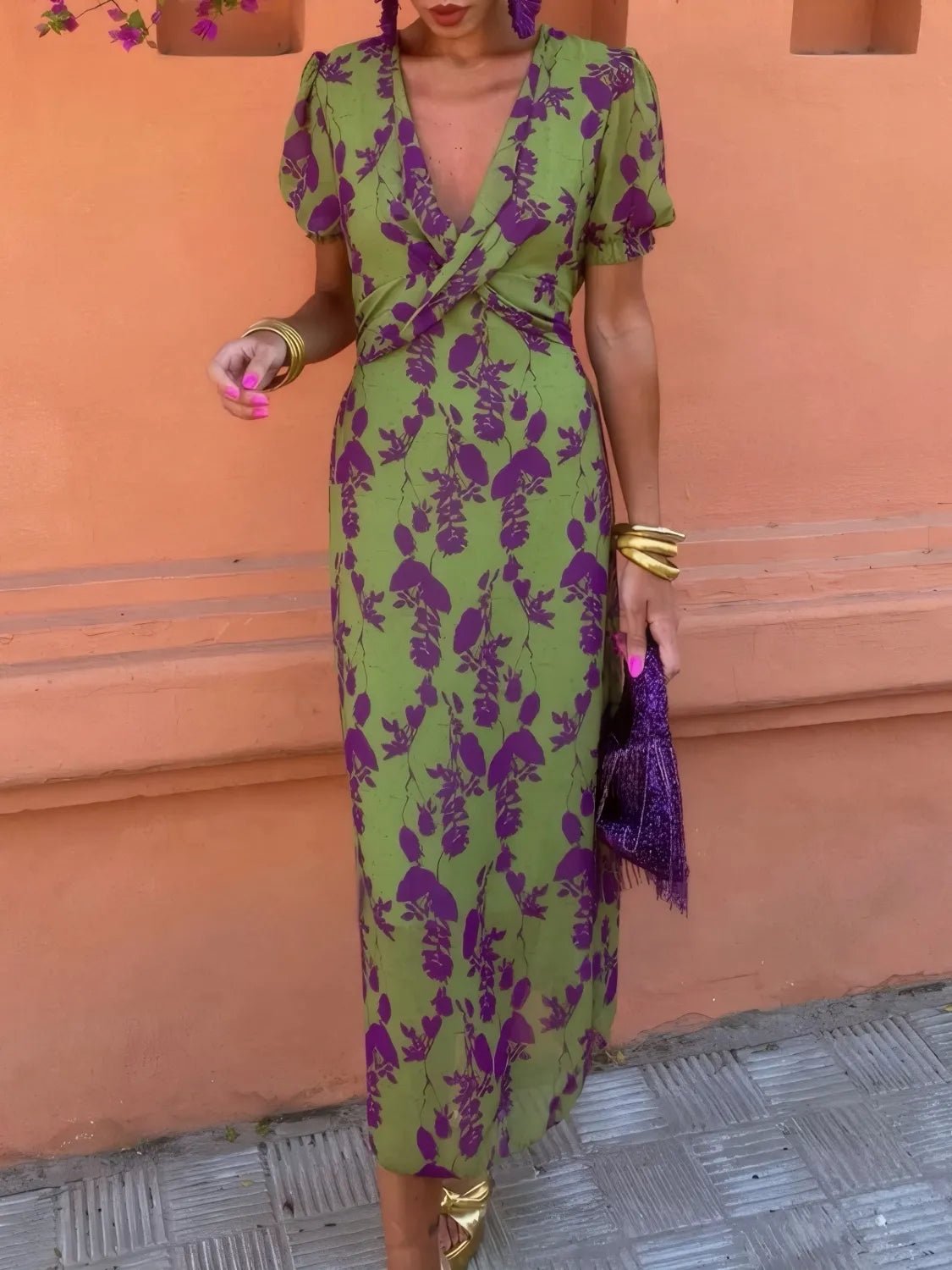 Printed Plunge Short Sleeve Midi Dress - Flip Flop Dynasty