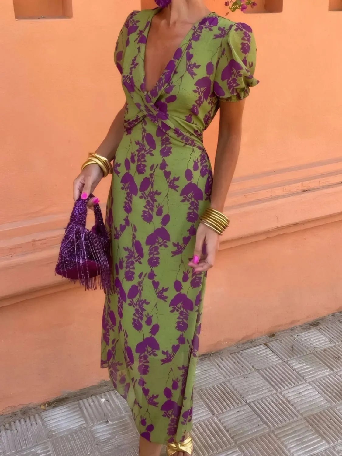 Printed Plunge Short Sleeve Midi Dress - Flip Flop Dynasty