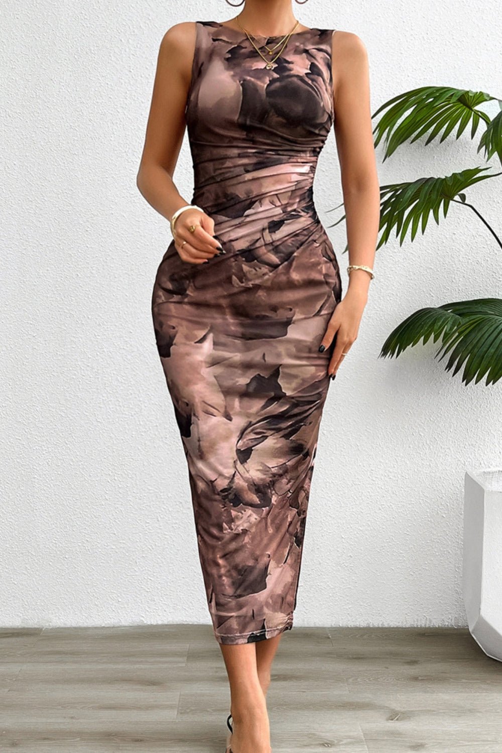 Printed Ruched Slit Sleeveless Midi Dress - Flip Flop Dynasty