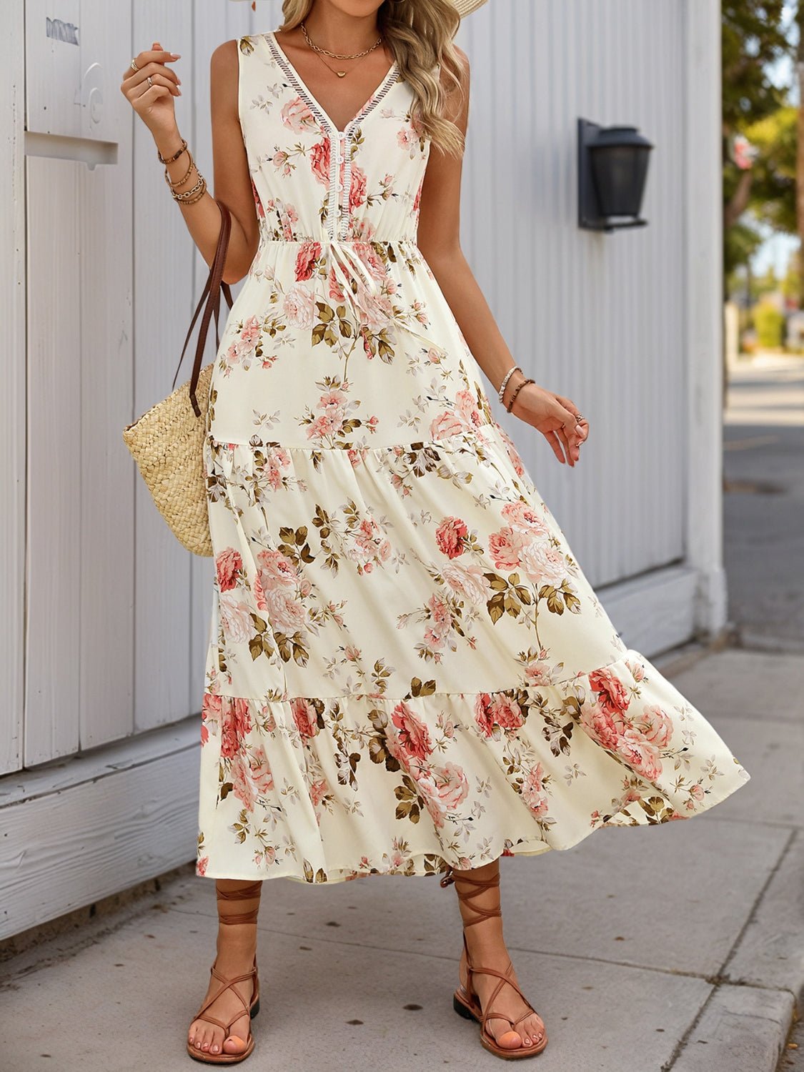Printed Ruffled Hem V - Neck Sleeveless Dress - Flip Flop Dynasty