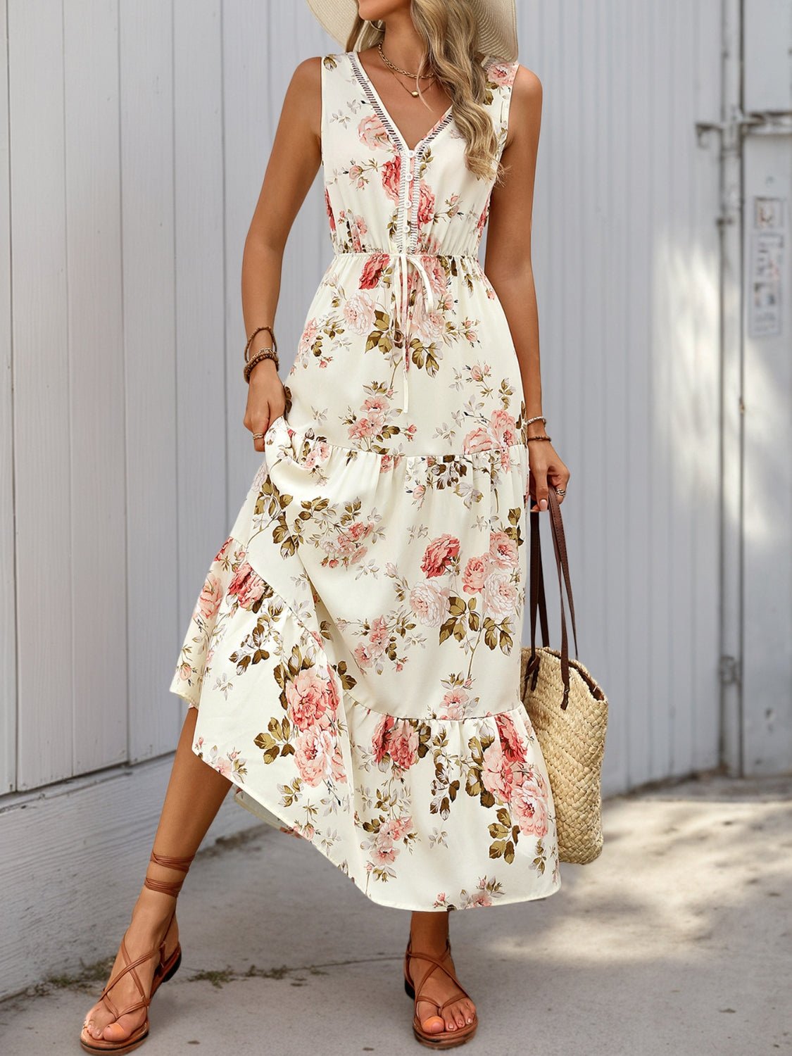 Printed Ruffled Hem V - Neck Sleeveless Dress - Flip Flop Dynasty
