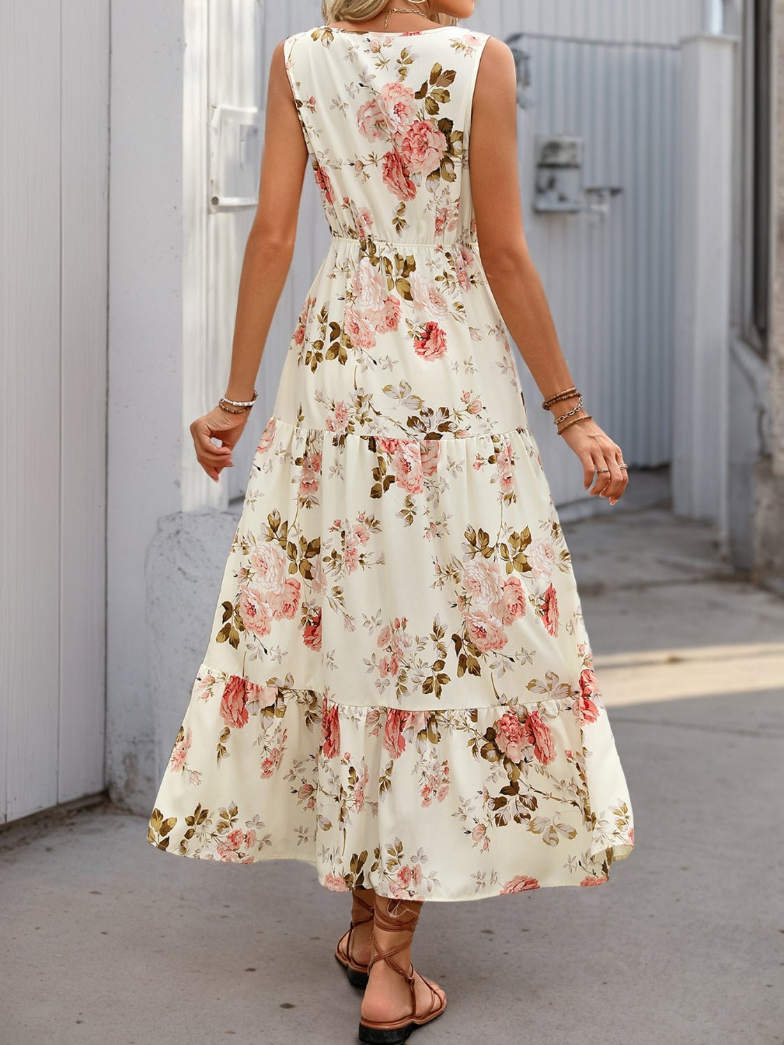 Printed Ruffled Hem V - Neck Sleeveless Dress - Flip Flop Dynasty