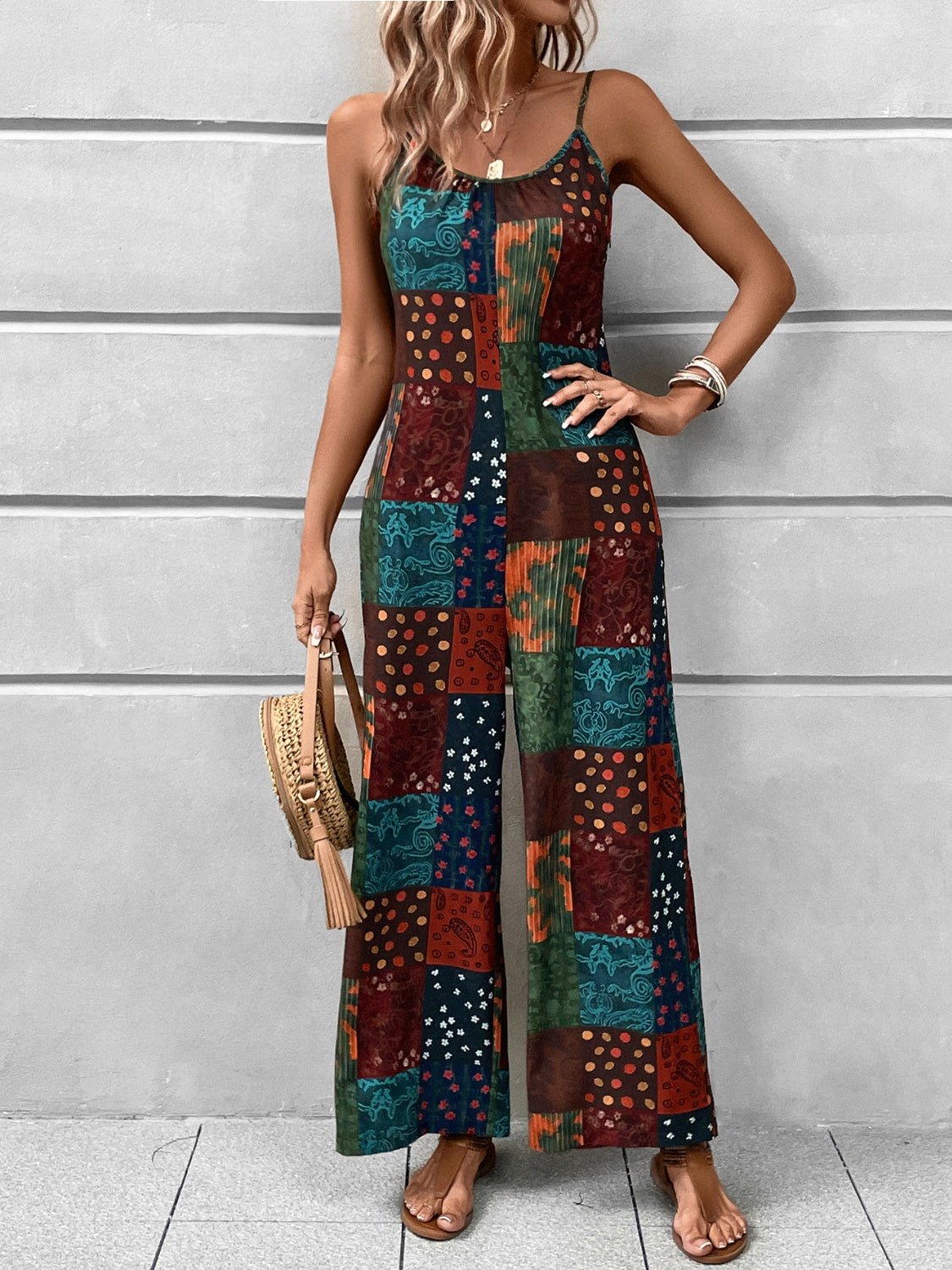 Printed Scoop Neck Spaghetti Strap Jumpsuit - Flip Flop Dynasty