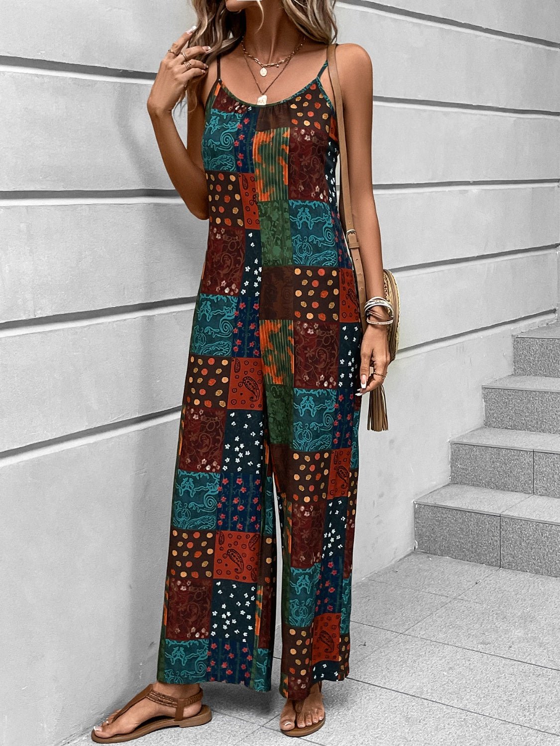 Printed Scoop Neck Spaghetti Strap Jumpsuit - Flip Flop Dynasty