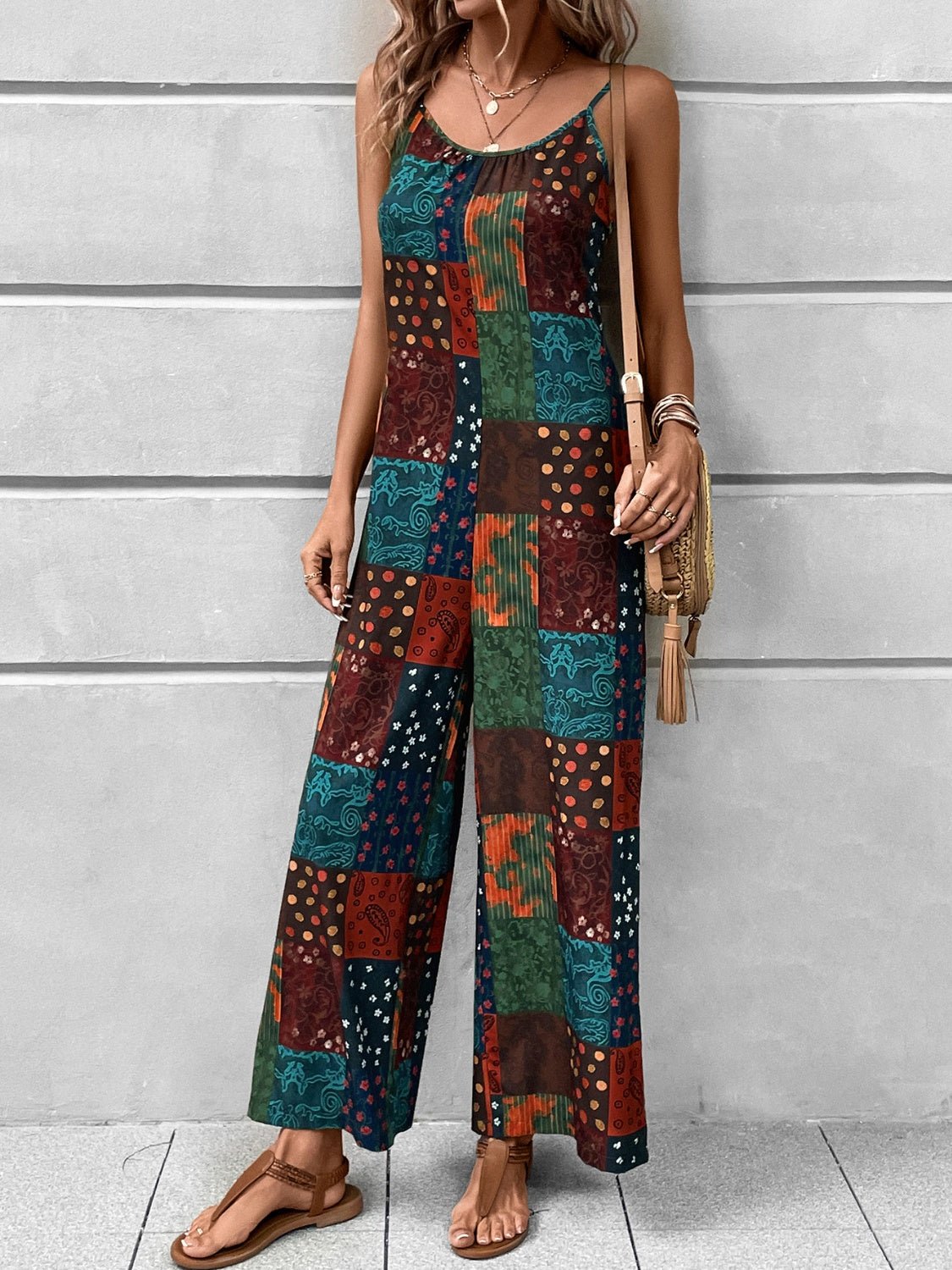 Printed Scoop Neck Spaghetti Strap Jumpsuit - Flip Flop Dynasty