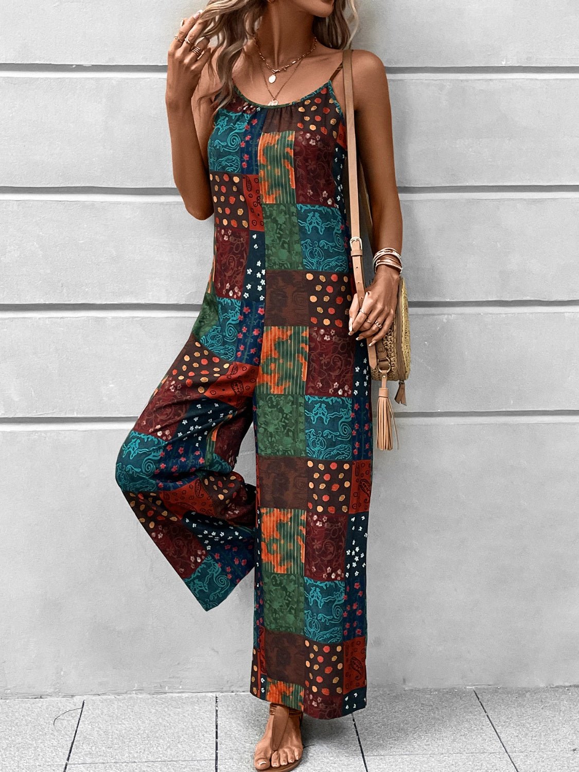 Printed Scoop Neck Spaghetti Strap Jumpsuit - Flip Flop Dynasty