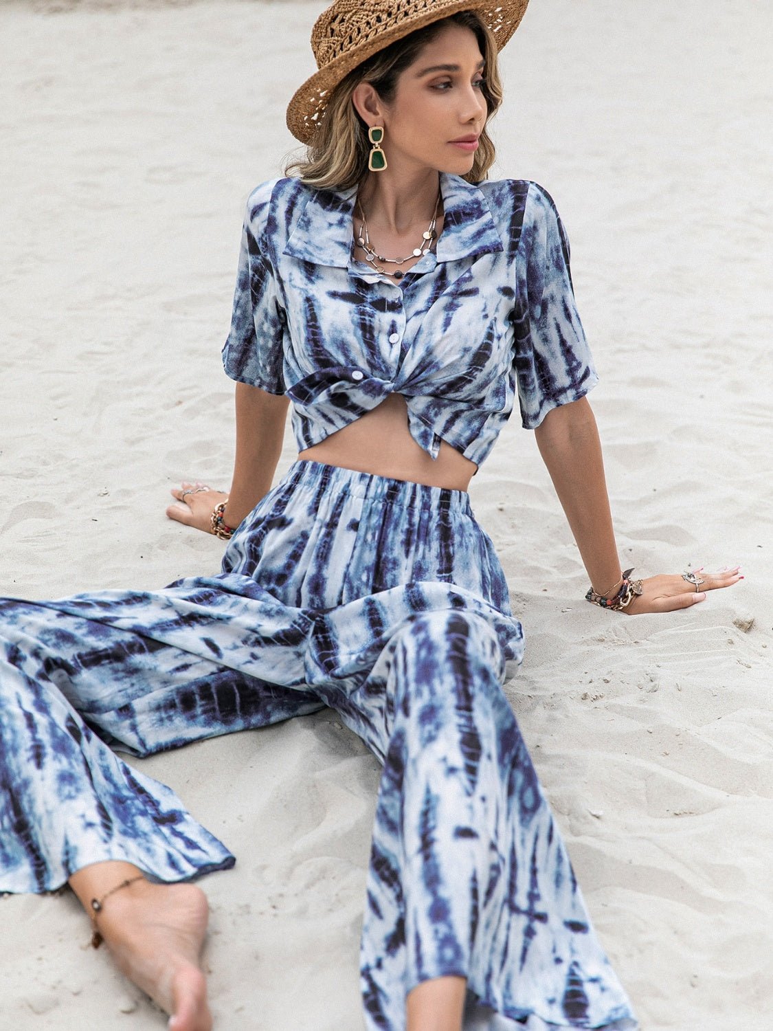 Printed Short Sleeve Shirt and Pants Set - Flip Flop Dynasty