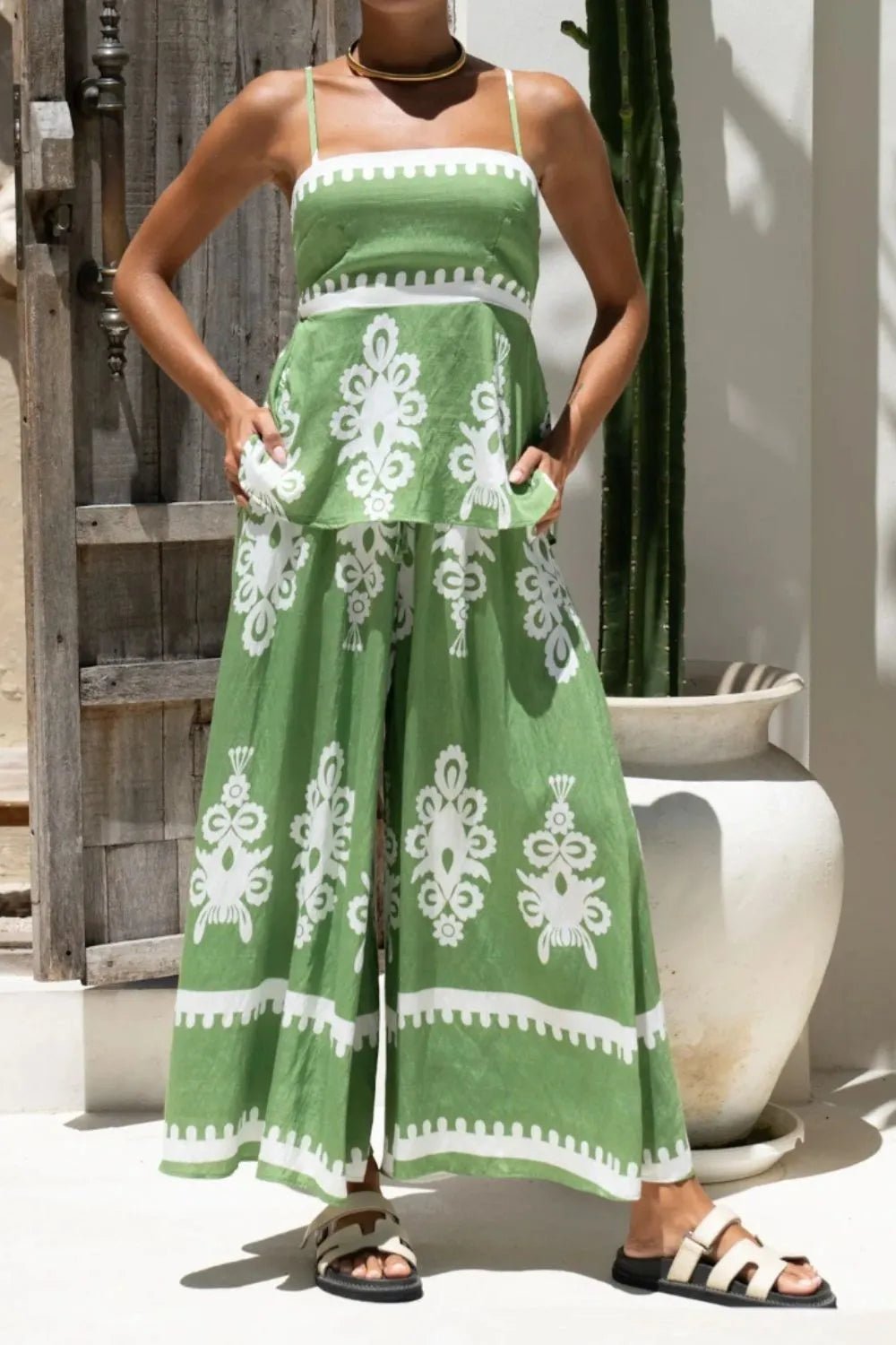 Printed Square Neck Cami and Wide Leg Pants Set - Flip Flop Dynasty