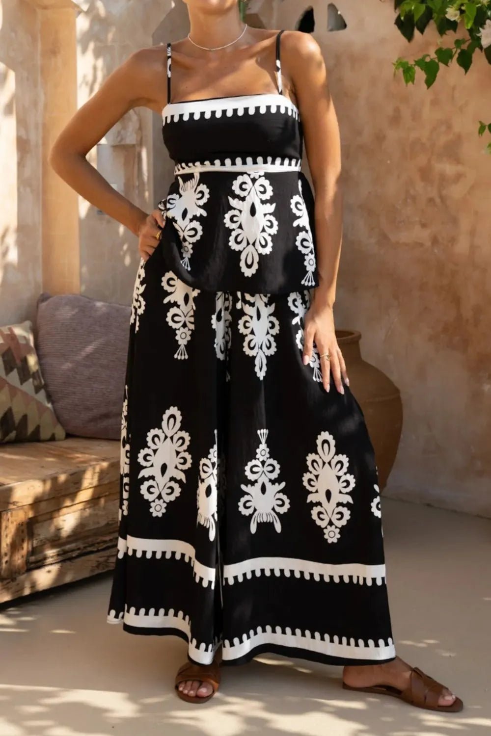 Printed Square Neck Cami and Wide Leg Pants Set - Flip Flop Dynasty