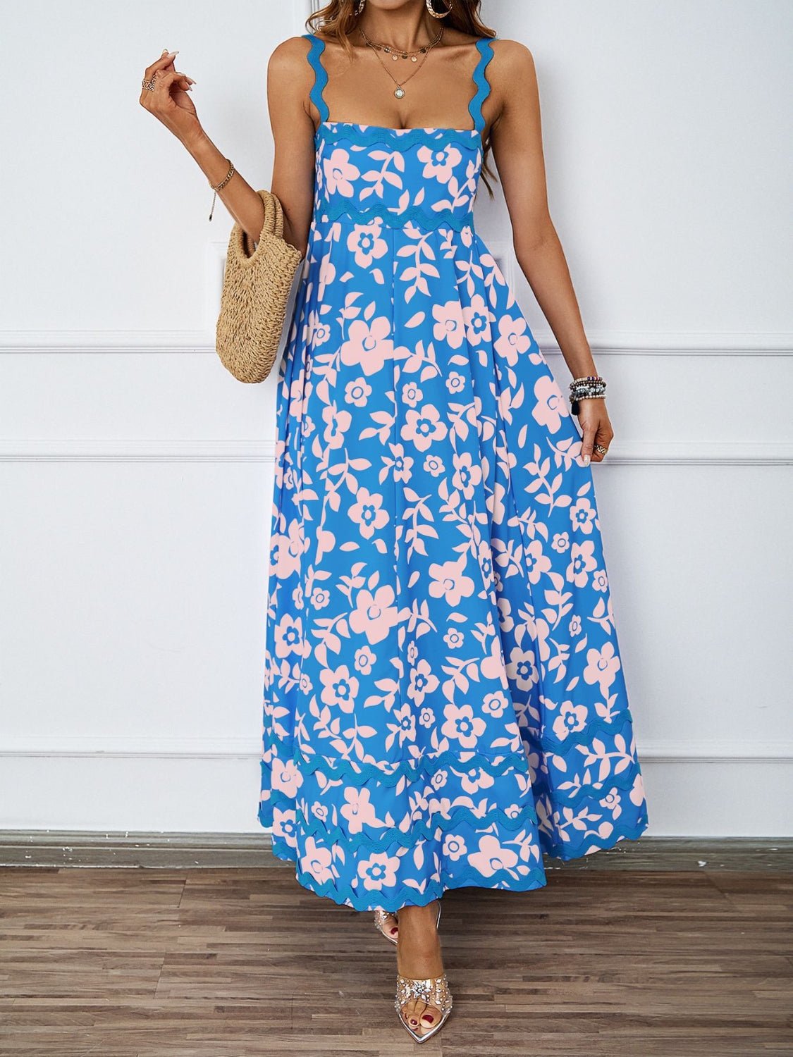 Printed Square Neck Wide Strap Midi Dress - Flip Flop Dynasty