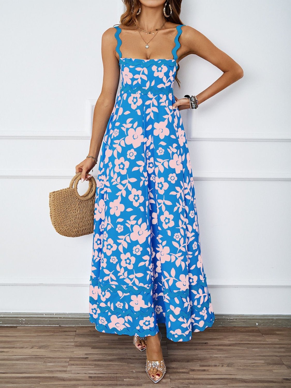 Printed Square Neck Wide Strap Midi Dress - Flip Flop Dynasty