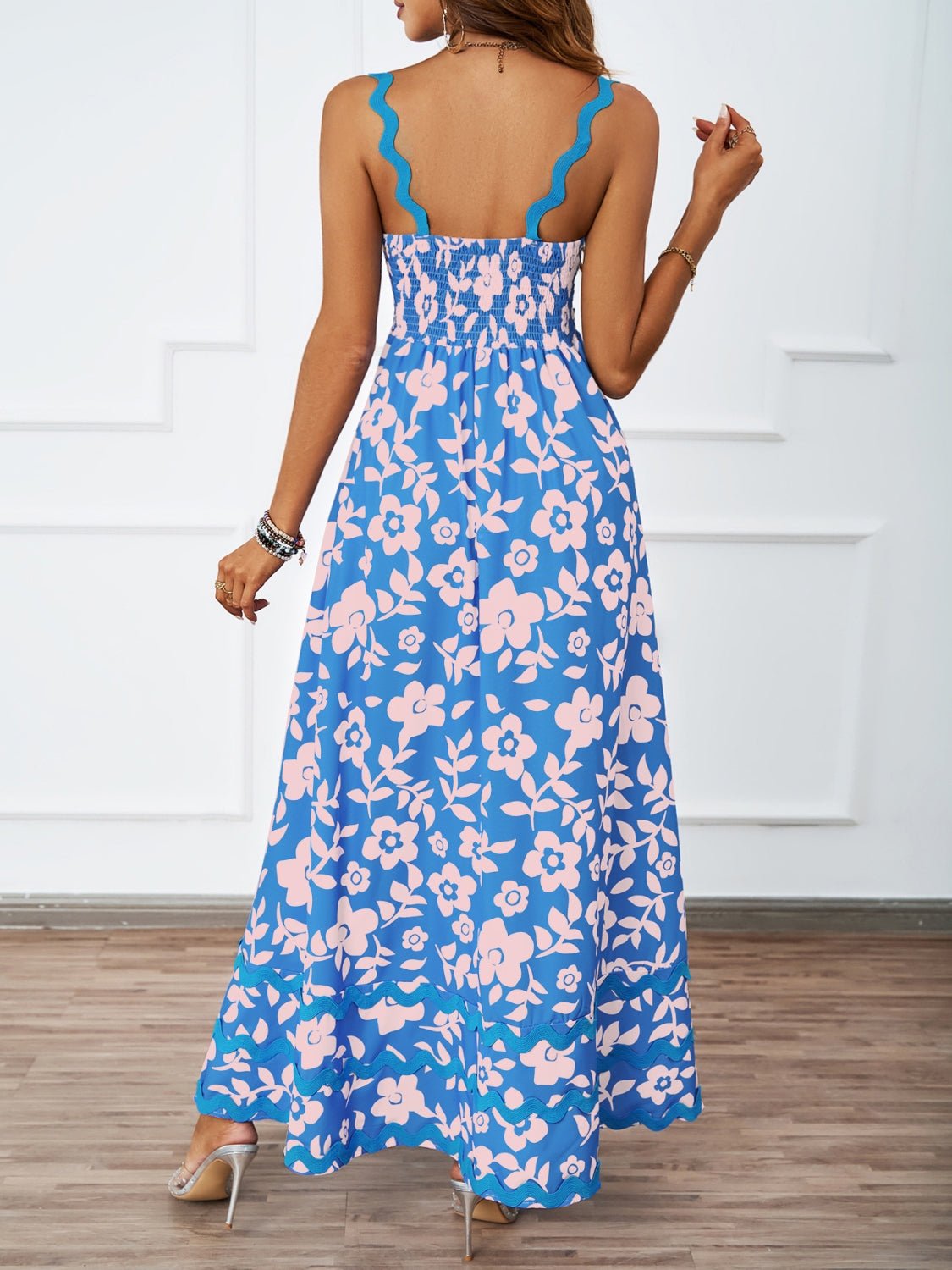 Printed Square Neck Wide Strap Midi Dress - Flip Flop Dynasty